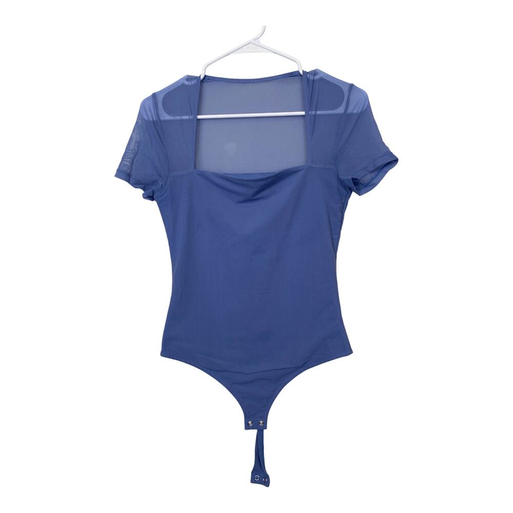 REORIA Women's Blue Sexy Square Neck Mesh Short Sleeve Bodysuit Size M